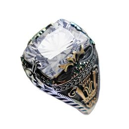 Anillos de sello turco hechos a mano para hombres, anillo tallado de Color plata antiguo, incrustaciones de circón místico Punk