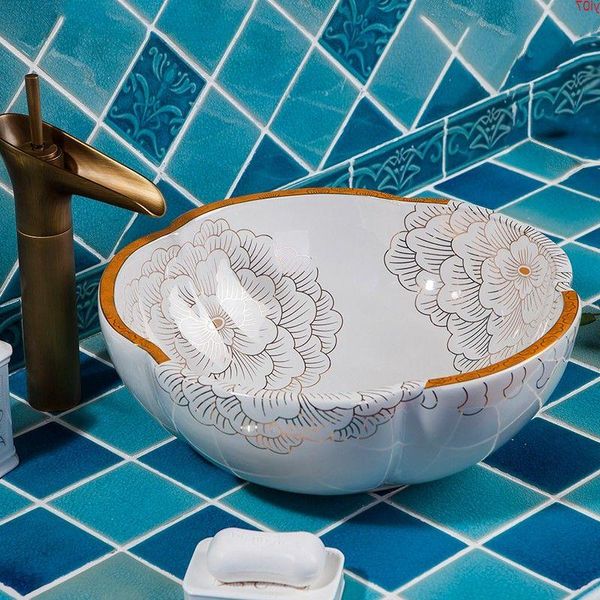 Navire fait à la main éviers comptoir en céramique lavabo bol porcelaine salle de bain éviersbonne quantité Rdlip