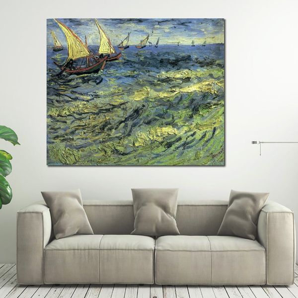 Pintura al óleo hecha a mano de Vincent Van Gogh, barcos de pesca en el mar, arte moderno en lienzo, paisaje moderno, decoración para sala de estar