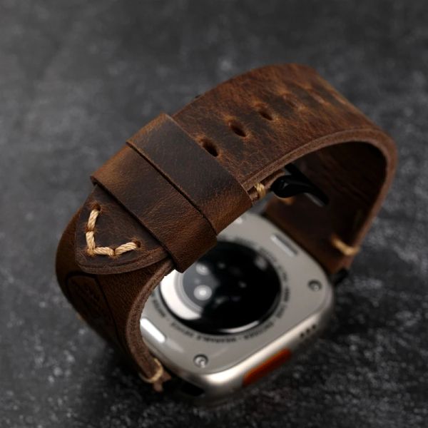 Bracelet en cuir à cheval vintage fait à la main 40 mm 44 mm 45 mm 49 mm s'adapte à la montre Apple Watch S8 Ultra plié brun épais