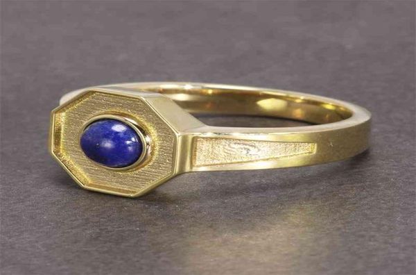 Anneaux homme Vintage faits à la main avec pierre de Lapis Lazuli naturelle anneaux en cuivre hexagonaux pour hommes couleur or pur rétro bijoux uniques 210924179853