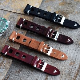 Correa de reloj de cuero auténtico Vintage hecha a mano, accesorios de reloj, pulsera de 18mm, 20mm, 22mm, 24mm, correa de reloj de Color rojo, negro y marrón 220819