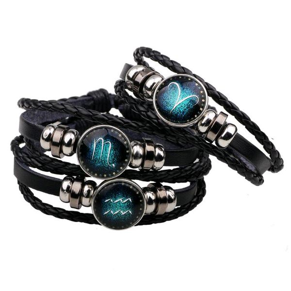 Tissage fait à la main perlé rétro bricolage 12 signes du zodiaque bracelets porte-bonheur en cuir bijoux de Style européen et américain