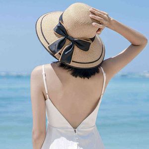 Handgemaakte Weave Sun Hoeden voor Vrouwen Zwart Lint Lace Up Large Brim Stro Hat Outdoor Strand Hoed Zomer Caps Summer Dames Caps G220301