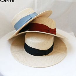 Main Weave Femmes Papier Blanc Chapeaux De Paille Flat Top Été Fedoras Large Bord Chapeau De Plage Femme Mâle Chapeau De Soleil Kentucky Derby Chapeau Y200714