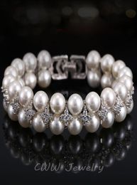 Joyería de perlas de boda hecha a mano, doble fila de circonio cúbico, ajuste, pulseras nupciales grandes, brazalete para mujer CB1578672998