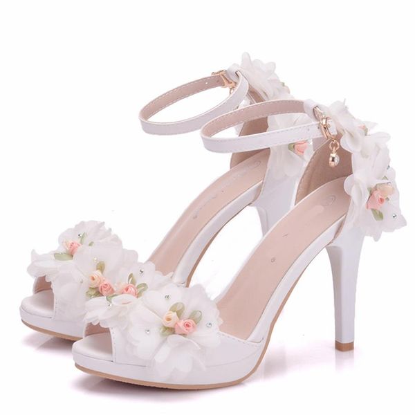 Sandalias de tacón alto de verano de Color blanco hechas a mano con cinturón de correa de tobillo de flores bombas de mujer zapatos de fiesta nupcial de boda 4 pulgadas Heel301w