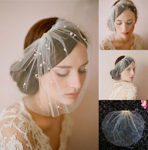 Velos de jaula de tul de marfil blanco hechos a mano para novias, velo de novia corto con cuentas y peine, accesorios nupciales baratos 2019 9653454