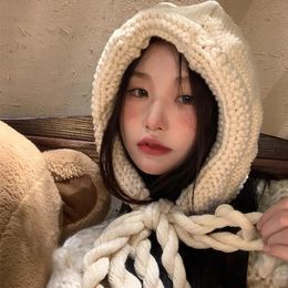 Chapeau tricoté à la main d'hiver en laine épaisse coréenne à lacets Skullie mélanges de coton à capuche cagoule écharpe ensemble accessoires de casquette 240227