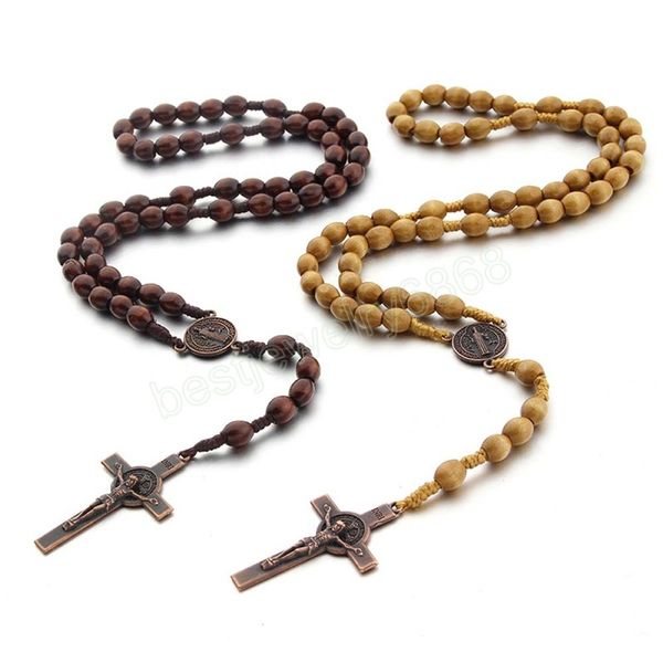 Collier chapelet en perles de bois fait à la main pour femmes et hommes, pendentif croix Crucifix, longue chaîne en corde tressée, bijoux de prière religieuse