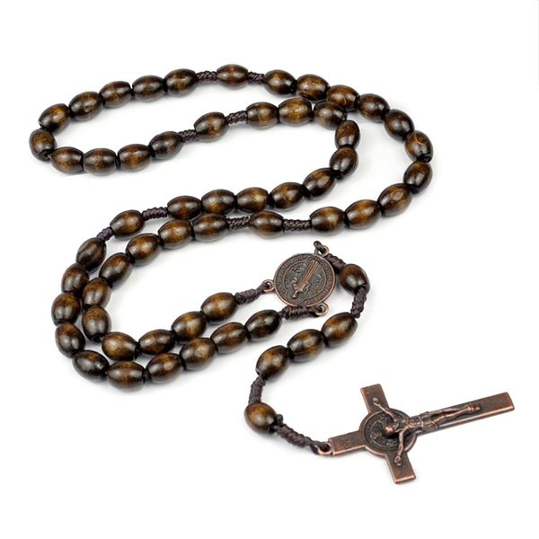 Collier de perles de chapelet catholique en bois fait à la main de Bethléem bois prière chrétienne médaille du sol sacré cadeaux de croix en métal