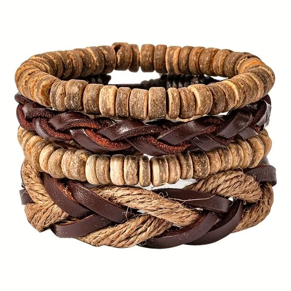 Bracelets à charme perlé en cuir en bois fait à la main 4pcs bijoux ensemble ajusté de fête de fête pour hommes