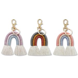 Porte-clés arc-en-ciel tissé à la main pour femme, pendentif bohème, pompon ethnique, porte-clés en macramé, breloque de sac, décoration de voiture, porte-clés suspendu, bijoux cadeaux