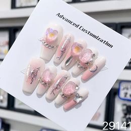 Faux ongles Y2k faits à la main rose français luxe adhésif réutilisable faux avec design longueur moyenne acrylique couverture complète pointes d'ongles 231226
