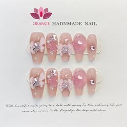Fait à la main Y2k Corée Presse sur les ongles Fille Décoration réutilisable Faux Couverture complète Manucure artificielle Wearable Orange Nail Store 240313