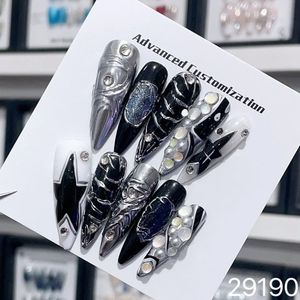 Handgemaakte Y2K Press on Nails Long Almond Punk Luxe ster Herbruikbare lijm onheilspellen Fal Black Full Cover Nail Tips Art 240328