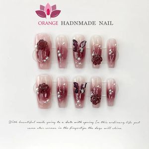 Handgemaakte Y2K -druk op nagels herbruikbare decoratie nep nagels volledige hoes kunstmatige manicuree draagbare oranje nagels winkel 240509