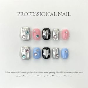 Handgemaakte Y2k pers op nagels kort schattig roze blauw Koreaanse zelfklevende kunstnagels kunstmatige acryl ster nageltip volledige dekking nagelkunst 240129