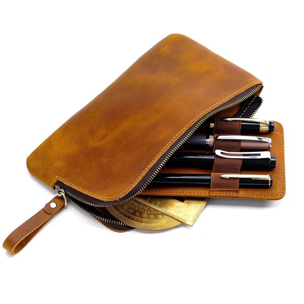 Estuche de bolígrafo con cremallera hecho a mano de cuero para hombres y mujeres, bolsa con soporte, caja vintage, organizador para niños y niñas, papelería para estudiantes escolares 240311