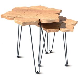 Carrera Home Handmate Mango Wooden - Acabado marrón natural con mesas auxiliares de metal con flores, juego de 2 para servir y decorar mesa de 22 de diámetro x 20 de ancho