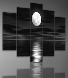 Art peint à la main la nuit sombre mer lune brillante prêt à accrocher décor mural paysage peinture à l'huile sur toile 5pcsset3220309