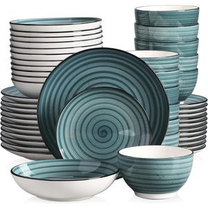 Handbeschilderde blauwe steengoed servies set - 24 -delige set inclusief borden en kommen voor 6 - elegant en duurzaam serviescollectie