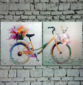 Pintura al óleo de dibujos animados pintada a mano sobre lienzo, hermoso arte de bicicleta con flores y osito de peluche para decoración de pared en Girl039s Ro5666358