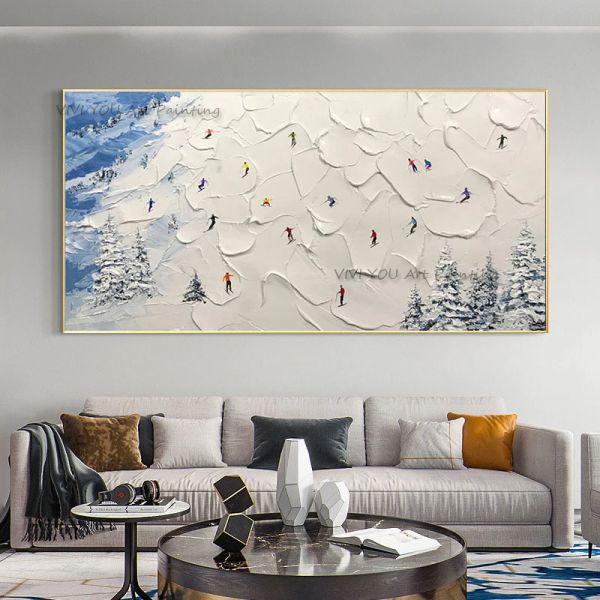 Peinture à la main lourdement épais acrylique texturé 3d sport abstrait peinture à l'huile de neige mur suspendu art peintures art