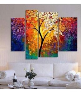 Pintura al óleo pintada a mano, pinturas con espátula para pared de salón, arte en lienzo grande, árbol abstracto barato, panel múltiple, 4 piezas 3151430