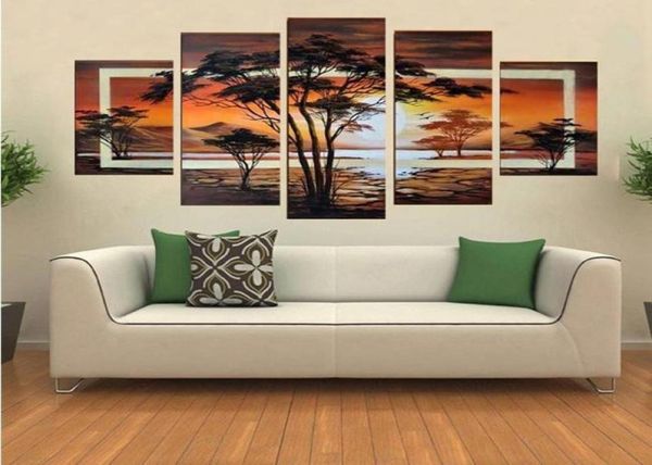 Huile peinte à la main les arbres African Sunrise Landscape Huile Paint sur toile Art mural 5 pièces FZ00198502925788189