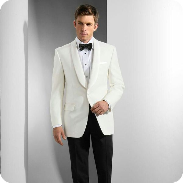 Trajes de hombre de marfil con solapa chal Trajes de boda de 2 piezas Traje Slim Fit Diseñador Trajes formales para hombre Ropa de novio Esmoquin Chaqueta con un botón Pantalones negros