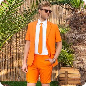Herenpakken Orange Wedding Suits Bruidegom Kostuum Giet Hommes Custom Made Slim Fit Casual Tuxedos Beste Man Blazer Prom Jas + Shorts Broek