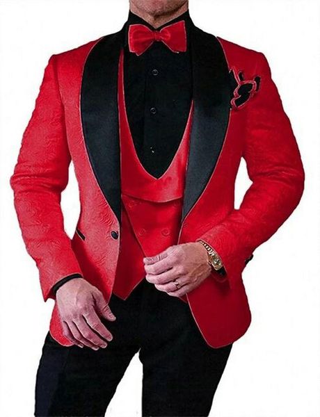 Costumes pour hommes Beau 3 Pièces Hommes Mariage Marié Châle Revers Rouge Jacquard Blazer Terno Masculino Tuxedo Slim Fit Prom Male Dress Blazers