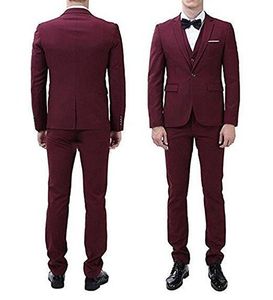 Beau dos évent un bouton vin marié smokings cran revers hommes fête de mariage garçons d'honneur 3 pièces costumes (veste + pantalon + gilet + cravate) K109