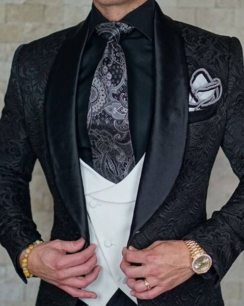 Beau noir Paisley marié smoking homme bal costume d'affaires fête de mariage blazer gilet pantalons ensembles (veste + pantalon + gilet + cravate) K48