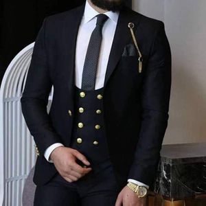 Beaux costumes noirs pour hommes Gold Button Mens Prom Tuxedos Costumes Pantalons Veste Pantalon Design Slim Fit Tailor Blazer (Veste + Pantalon + Gilet + Noeud Papillon)