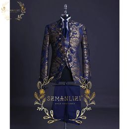 Knappe Blauw Goud Bloemen Velg Podium Mannen Pak Set Stand Kraag Heren Bruidskostuum Formele Bruidegom Tuxedo Kostuum jas Broek Vest