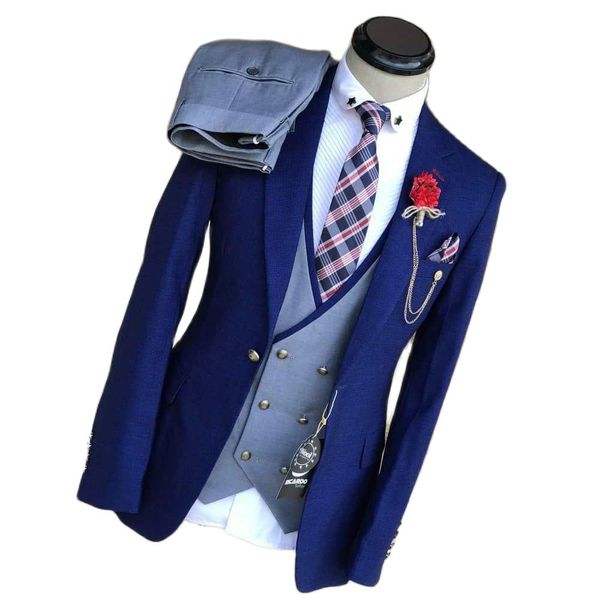 Esmoquin de boda para hombre azul guapo, 3 piezas, trajes de novio ajustados, chaleco gris, ropa Formal de hombre con un botón para ropa de cena