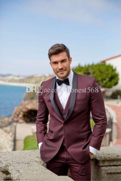 Guapo Borgoña padrinos de boda chal solapa novio esmoquin hombres trajes boda/graduación/cena mejor hombre Blazer (chaqueta + Pantalones + corbata + chaleco) A339