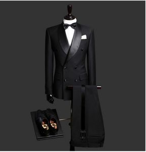 Knappe Shawl Revers Bruidsjonkers Double-Breasted Bruidegom Tuxedos Zwarte Mannen Pakken Bruiloft/Prom/Diner Man Blazer Jas broek Stropdas