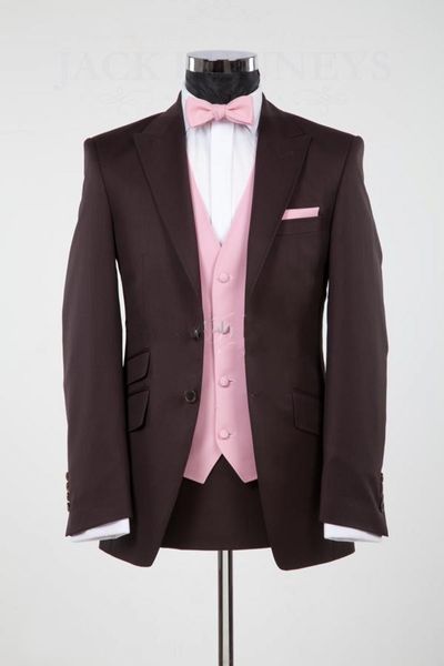 Beau Chocolat Homme Travail Costume D'affaires Peak Revers Hommes Prom Party Costume D'affaires Groom Tuxedos (Veste + Pantalon + Gilet + Cravate) NO: 901