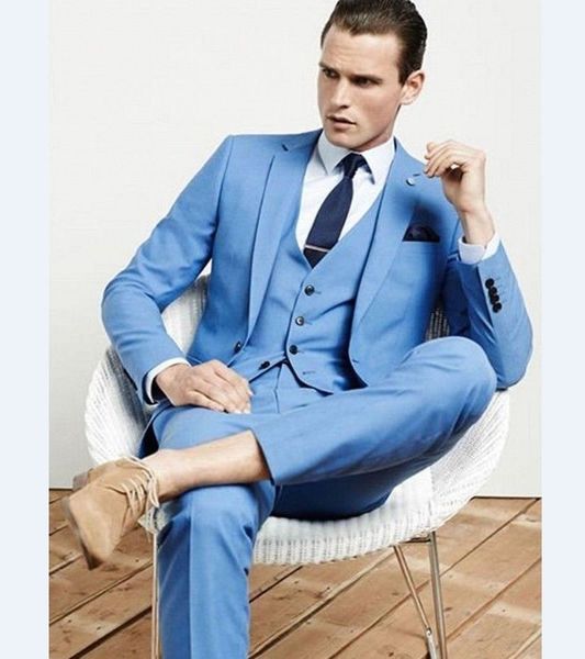 Beau Cool Terno sur mesure mode hommes costumes mince cran revers un bouton ciel veste pantalon gilet marine bleu cravate mouchoir