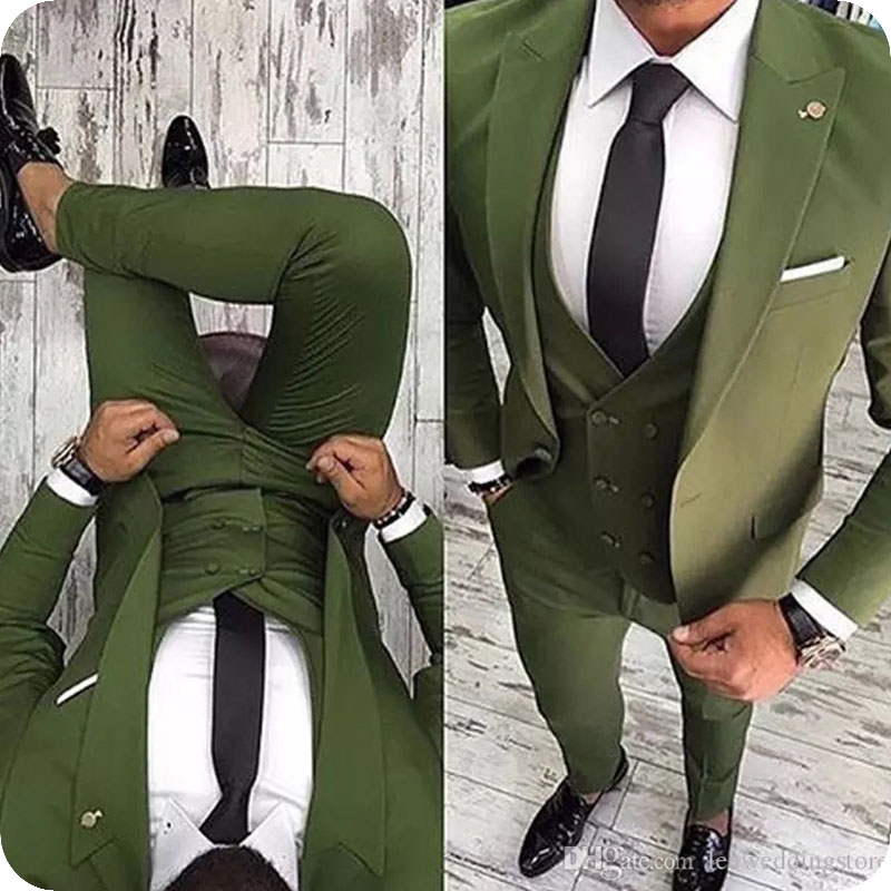 Przystojny Custom Made Army Green Men Suitts for Suits Suits Business Slim Fit Casual Tuxedo Groom Prom Best Man Blazer (Kurtka + Spodnie + Kamizelka)