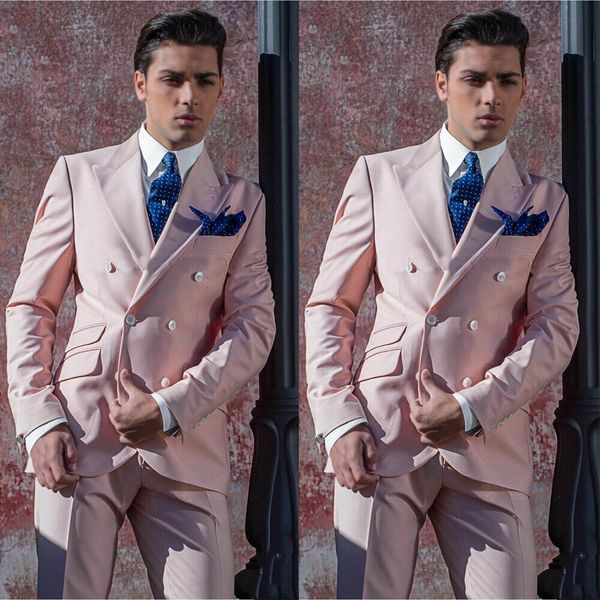 Beau costume de marié à double boutonnage Tuxedos Peak Lapel Mens Rose Costumes de mariage formel Soirée Meilleur homme Blazer (veste + pantalon)