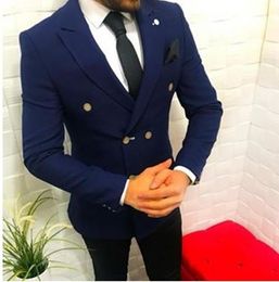 Knappe Double-Breasted Navy Blue Groom Tuxedos Peak Revers Mannen Past 2 Stuks Bruiloft / Prom / Diner Blazer (Jacket + Pants + Tie) W885