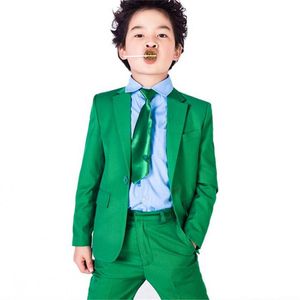 Beau smoking vert pour garçons, costume d'affaires pour enfants, ensembles de fête d'anniversaire pour enfants (veste + pantalon + nœud papillon + mouchoir) D74