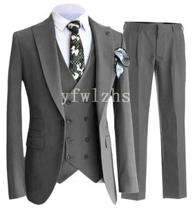 Beau gris homme costumes pic revers marié Tuxedos garçons d'honneur mariage/bal/dîner homme Blazer veste pantalon gilet cravate N073
