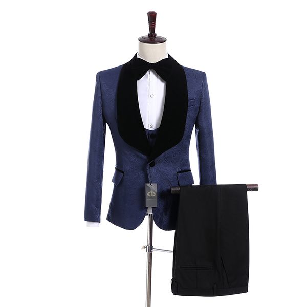 Beaux garçons d'honneur bleu marine motif marié Tuxedos châle noir revers hommes costumes côté évent mariage/bal meilleur homme (veste + pantalon + gilet + cravate) K926