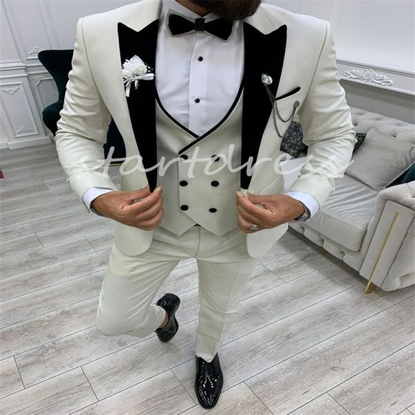 Guapo esmoquin de boda de color marfil 2024, chaquetas con solapa de pico para hombre, chaleco ajustado para novio, trajes de boda para hombre, traje informal de graduación a medida de 3 piezas, traje masculino para novio coreano