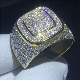 Knappe mannelijke Hip Hop ring Pave Instelling 274pcs 5A Cz Geel Goud Gevuld 925 zilveren trouwring ring voor mannen Partij Jewelry2961